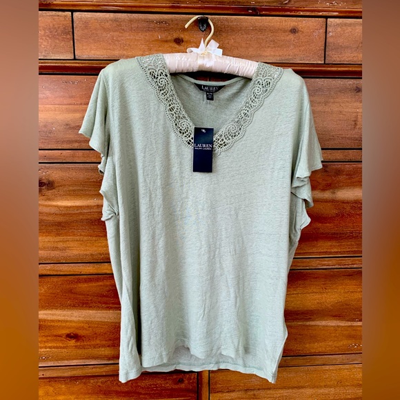 Ralph Lauren Tops - FINAL PRICE NWT Ralph Lauren Mint Linen Top: Cotton Lace VNeck Flutter Sleeve XL